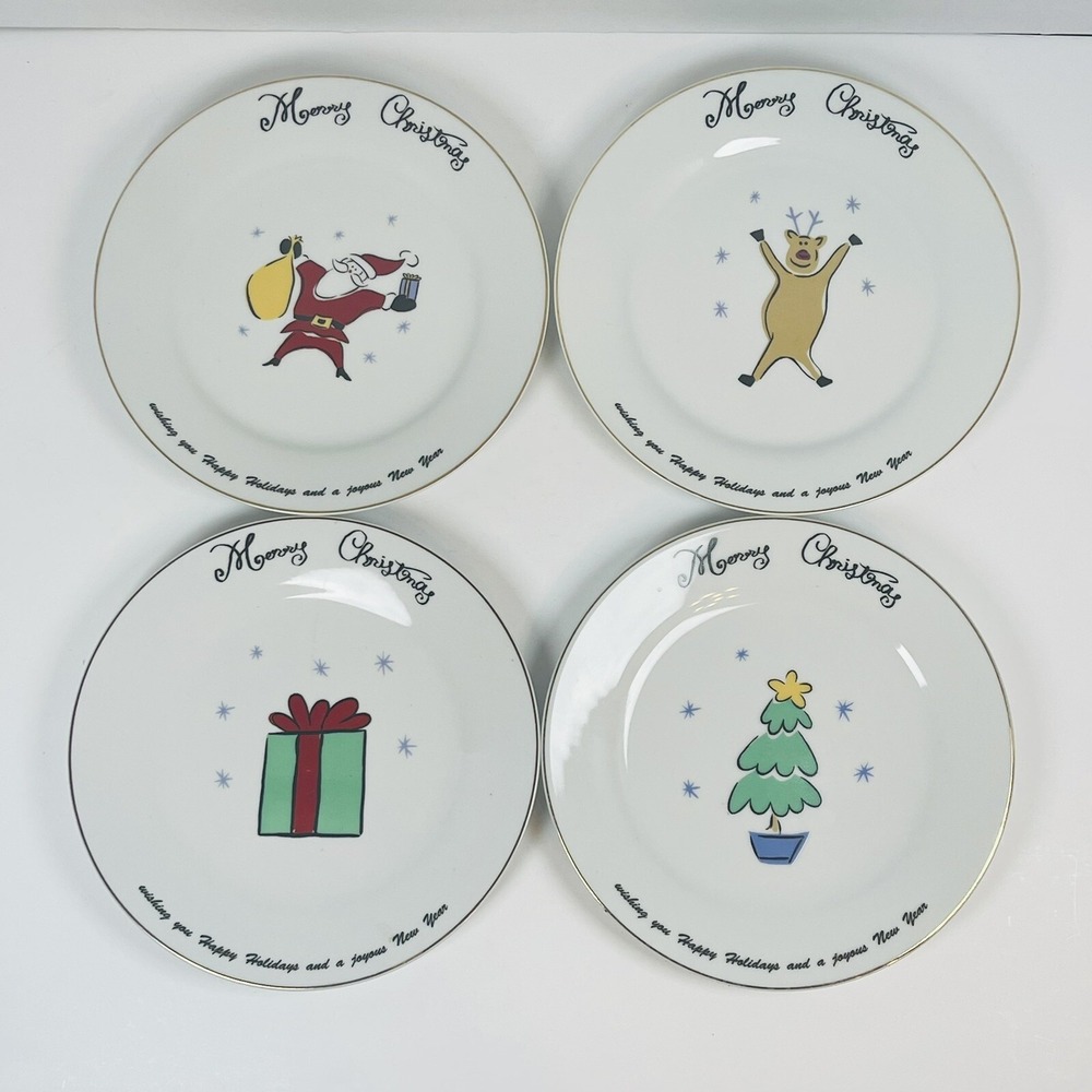 Merry Brite MB Christmas Dessert Salad Plate Lot 4 Santa Reindeer Tree Gift